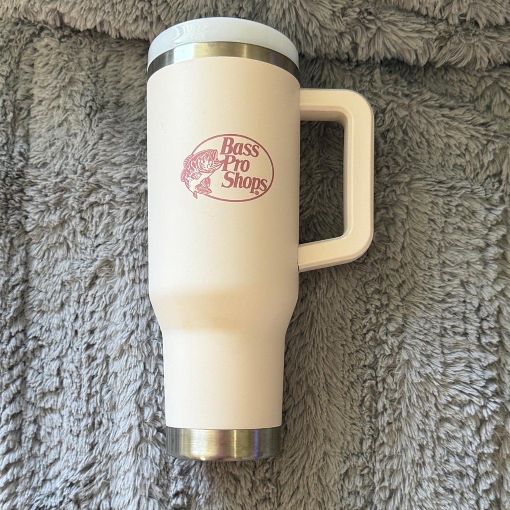 Bass Pro Shops Tan Travel Mug with Pink Logo